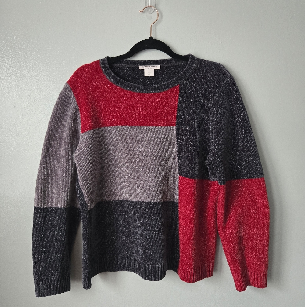 Allison Daley Vintage Colorblock Chenille Sweater Red Black Grey Crew Neck Knit